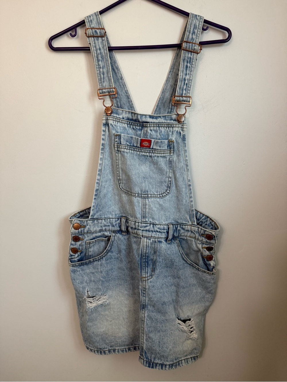 Dickies medium Light Wash Denim Overall dress with Distressed Details